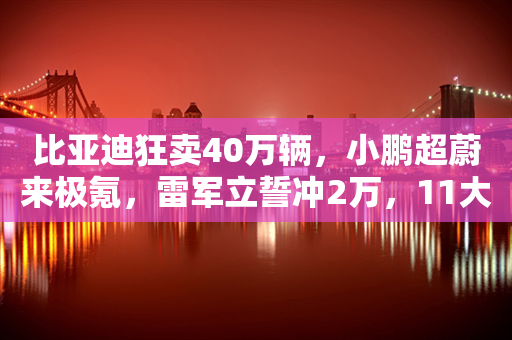 比亚迪狂卖40万辆，小鹏超蔚来极氪，雷军立誓冲2万，11大车企创新高